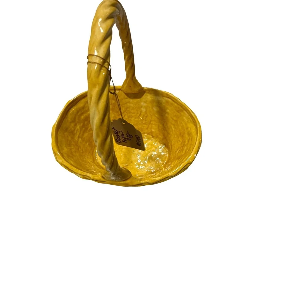 Vintage Yellow Ceramic Woven Basket with Twisted Handle Decorative Decor 11 inch